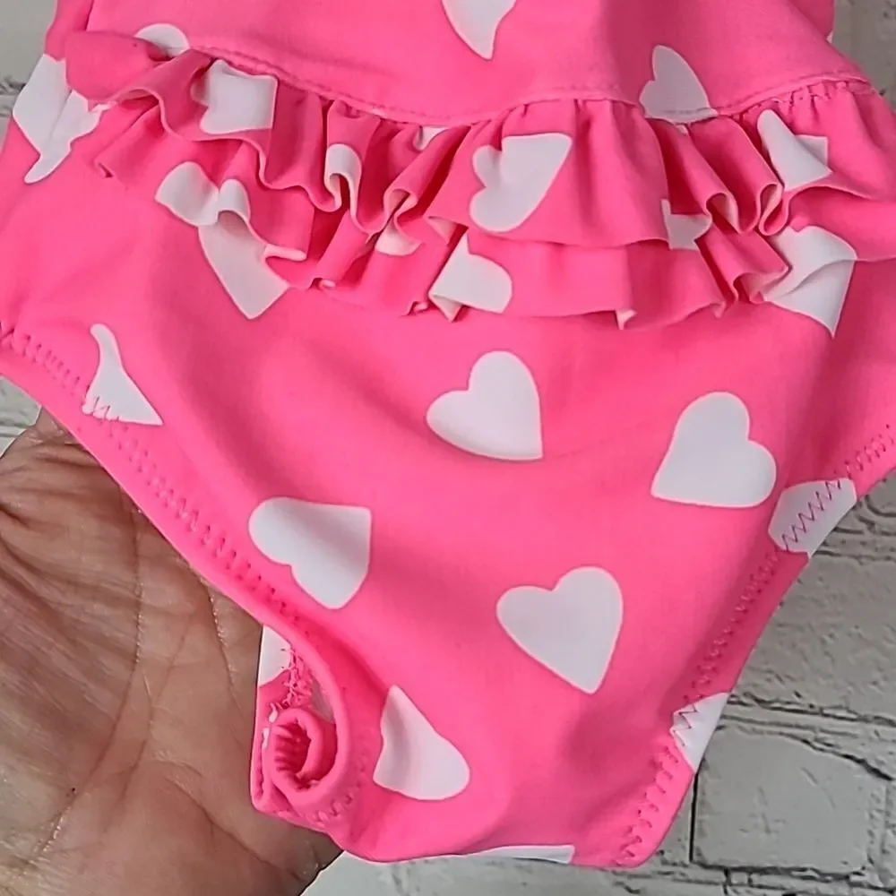 Carter's Baby Girl 3M Pink Neon Heart One-Piece Swimsuit Snap Bottom Infant Swim